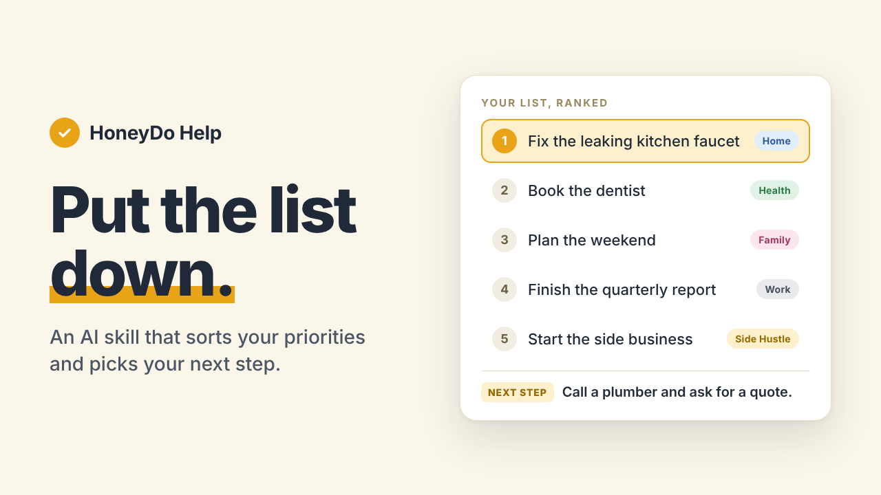 A sample ranked list with each item tagged Home, Health, Family, Work, or Side Hustle, and a next step at the bottom